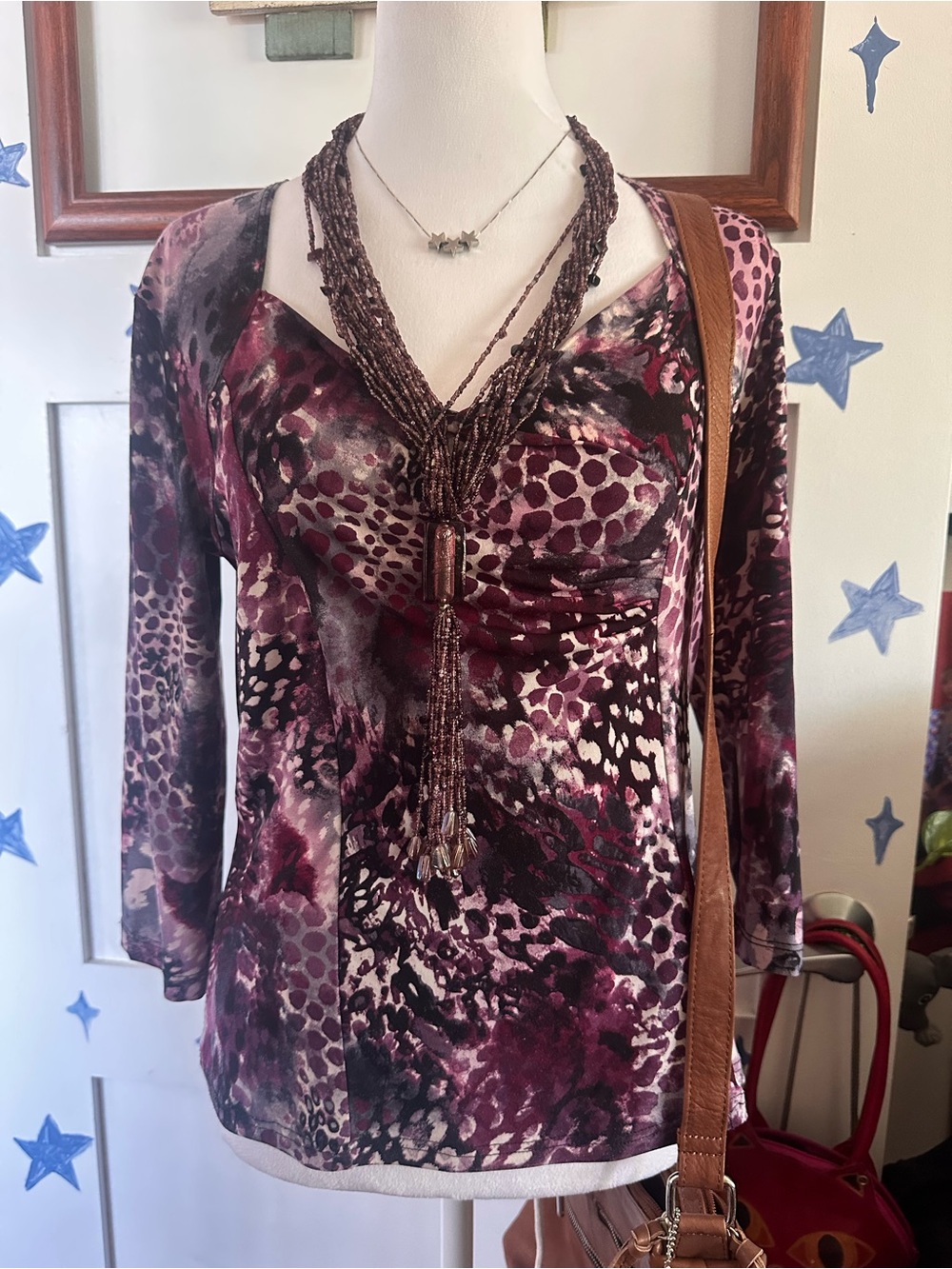 Laura Petities Burgundy Animal-Print Long Sleeve V-Neck Top